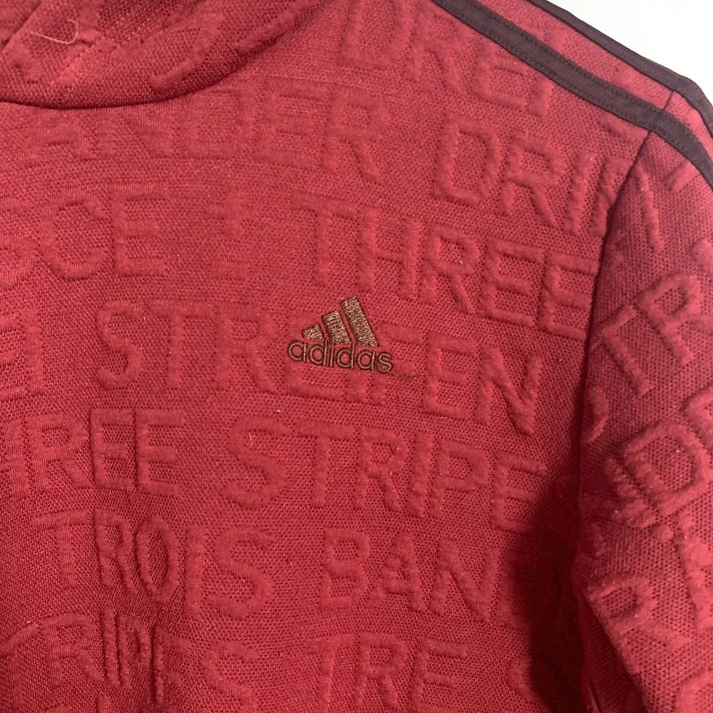 Adidas Men Burgundy All Over Text Logo Embossed‎ Hoodie Pullover Size L